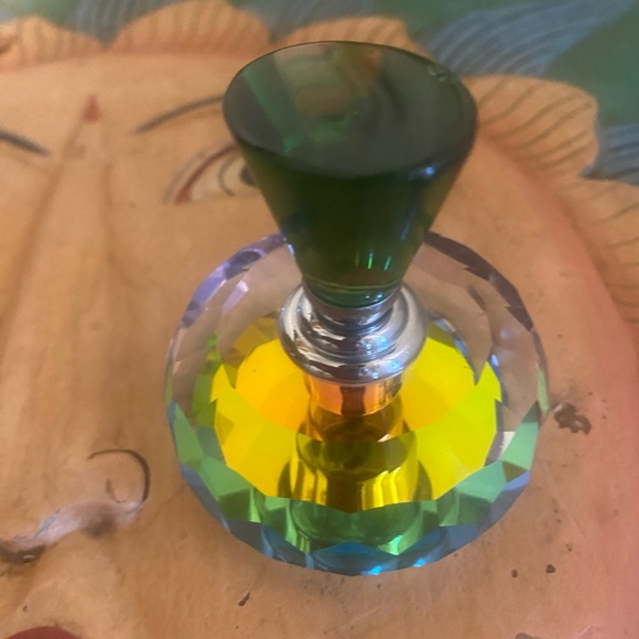 Perfume Glass Bottle Round Rainbow Geometric Prism w/ Green Stopper Vintage - Picture 8 of 12